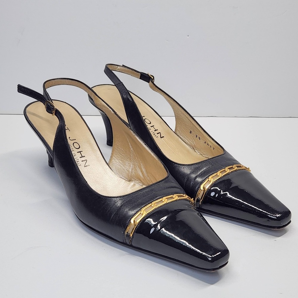 St. John Shoes Womens Size 7.5 Black Leather Patent Slingback Kitten Heels